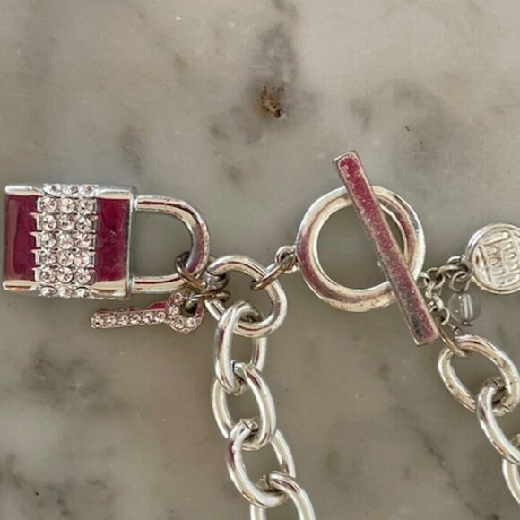 HOUSE OF HARLOW 1960 Crystal Jeweled Padlock & Key Silvertone Link Brace… - Picture 8 of 16